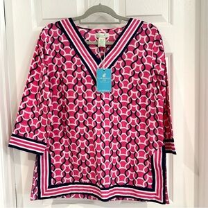 Caribbean Joe NEW Women Pink Geometric Blouse Sz M Cotton V-Neck Nautical Beach